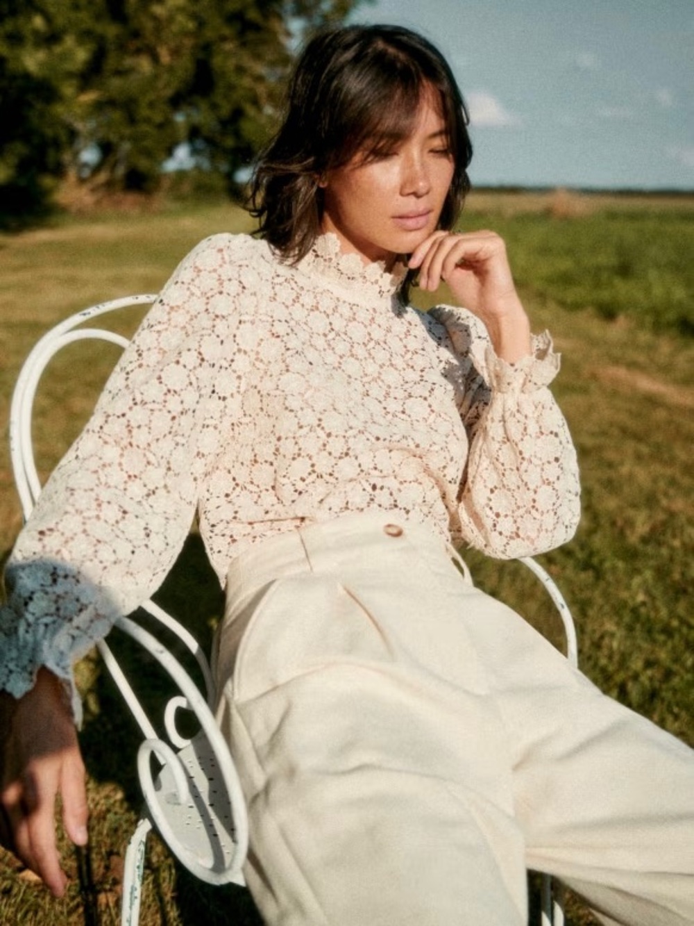 Sezane Cream Floral Lace Ruffle-Neck Long-Sleeve Blouse
